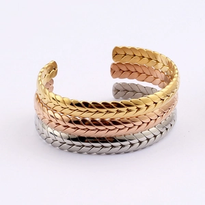 Three-piece stainless steel open bangles with wheat spike pattern in gold, rose gold and silver