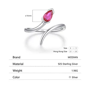 Adjustable S925 sterling silver snake ring with a pear-cut pink gemstone and爪 setting