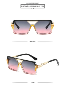 Detailed views of square metal sunglasses with gradient lenses and hollow geometric temples