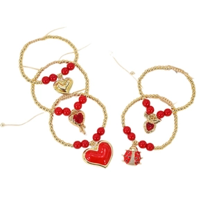 Adjustable 18k gold plated beaded bracelet set with cherry red hearts and ladybug charms