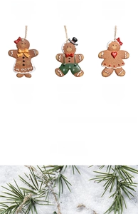 Détails des ornements bonhomme en pain d'épices avec dimensions et scène de neige festive