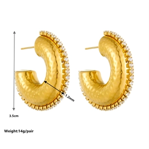 Detailed view of 3.5cm hammered gold earrings with cubic zirconia trim and dimensions