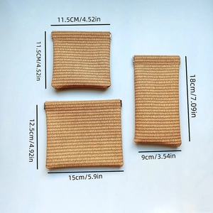 Size guide for woven PU leather storage pouches showing three dimensions with measurements