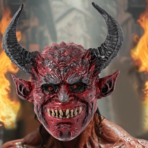 Realistic Red Devil Mask With Black Horns Fangs Horror Satan Face Cover For Halloween Cosplay Party Adult Costume Props