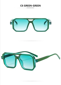 Detailed front and side view of C6 green double-bridge aviator sunglasses with green lenses