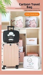 Detail showing cartoon travel bags with bear and seal prints on suitcase handle