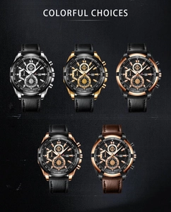 Detailed display of five men's racing watches featuring leather straps and chronograph dials