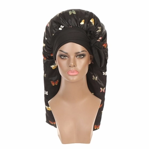 Long satin bonnet for hair protection with colorful butterfly print and wide headband