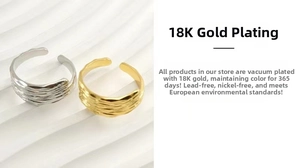Detailed view of 18K gold plated irregular ripple rings with eco-friendly certifications