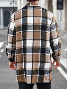 Rear view of a men's long flannel plaid jacket in brown, white, and black tones