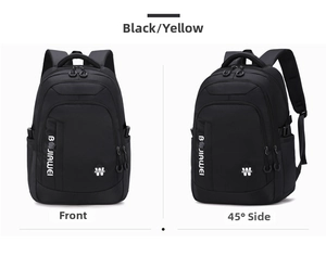 Front and side view of black minimalist large capacity backpack with adjustable straps