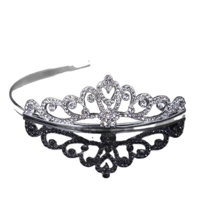 Elegant silver rhinestone princess crown headband with heart and floral filigree details