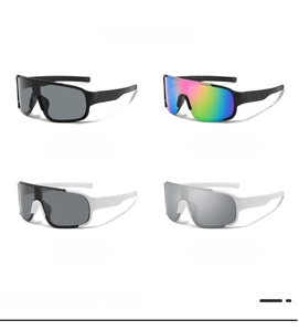 Multiple colors of oversized sports sunglasses with black and white frames in a grid view