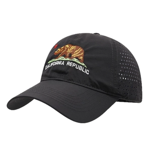 Breathable black baseball cap with California Republic bear embroidery and laser-cut holes