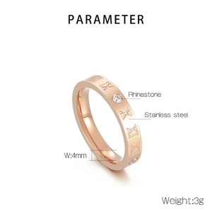 Detail view of 4mm rose gold steel ring with Roman numerals and inlaid rhinestones