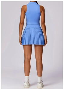 Rear view of sky blue pleated tennis skirt and sleeveless high-waisted polo sports set