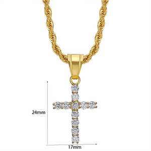 Detailed view of gold cross pendant with 3A zircon stones and precise 24mm by 17mm size