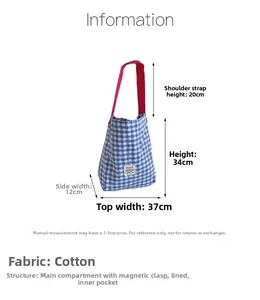 Size chart for plaid canvas tote bag showing dimensions and magnetic closure details