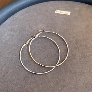 Pair of minimalist silver metal hoop earrings on a grey felt tray, professional display
