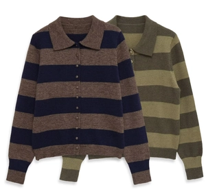 Detail of polo collar and buttoned placket on striped long sleeve knitted cardigan sweater
