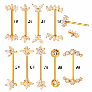 G23 titanium nipple rings with cubic zirconia in gold finish and various shapes