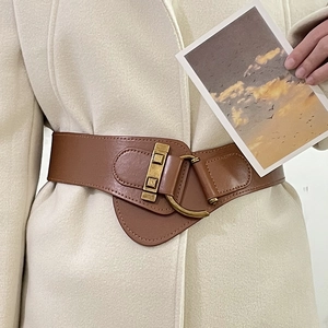 Caramel wide elastic corset belt with vintage metal buckle for coats and blazers