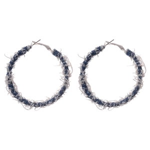 Fashionable denim wrapped C-shaped hoop earrings with silver hooks for a bohemian style