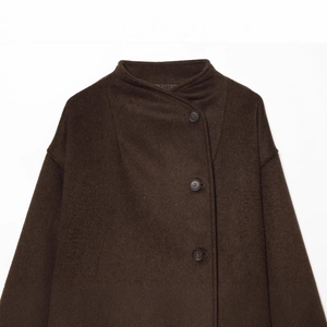 Coffee brown wool coat featuring double-breasted buttons and high collar detail