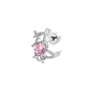 Pink heart zircon moon and star cartilage piercing stud with silver screw back closure