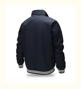 Back view of a navy blue stand-collar casual jacket with white striped ribbed cuffs and hem