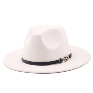 Classic white wool fedora hat for men and women featuring black band and fish metal buckle