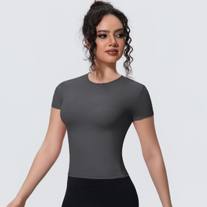 Detail of slim fit dark grey athletic t-shirt with breathable high-elastic fabric
