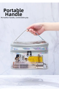 Close-up of clear PVC cosmetic bag with laser silver trim and double layer zippers