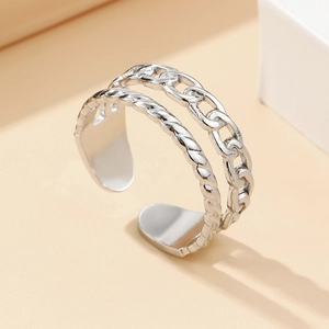 Adjustable silver chain link and twisted rope double-layer stainless steel ring