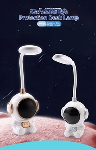 Detail of adjustable astronaut LED lamps with gold and silver trim in a space setting
