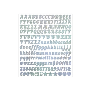 Detailed view of silver holographic alphabet and number stickers with glitter texture