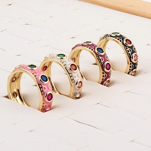Retro bohemian gold plated copper rings with colorful enamel and micro paved zircons