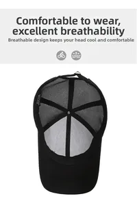 Detail of black mesh baseball cap showing 100% cotton inner tag and breathable stitching