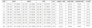 Detailed size chart for printed tankini swimsuit from S to 6XL with multi-country conversion