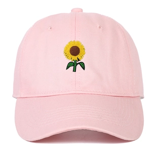 Pink cotton baseball cap with sunflower embroidery and curved brim for outdoor sun protection