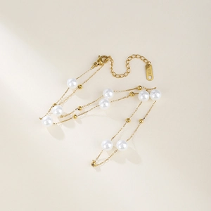 French style K18 gold plated necklace with lustrous pearls and stainless steel chain
