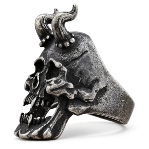 Gothic horned skull ring in vintage stainless steel with a heavy metal texture finish
