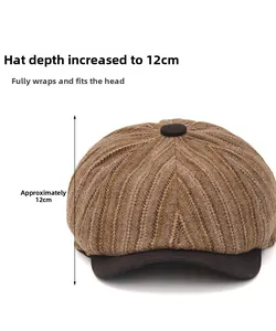 Detail view of newsboy cap showing 12cm crown depth and brown herringbone fabric texture
