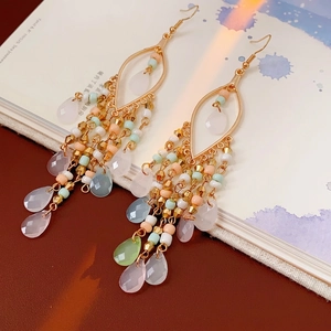 Bohemian acrylic bead teardrop tassel earrings with colorful beads and gold hooks