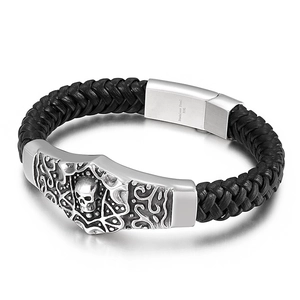 Black woven leather bracelet with silver skull charm and 316L stainless steel clasp