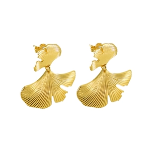 Elegant gold ginkgo leaf stud earrings in stainless steel with textured fan shape