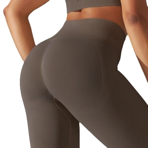 Pantalon de yoga marron sans couture à taille haute avec contrôle du ventre côtelé
