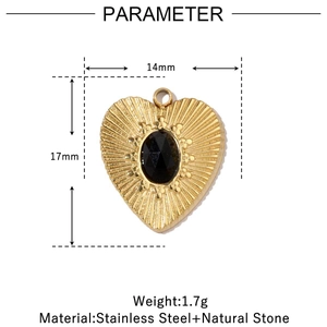 Detailed size specifications for heart pendant in gold finish with black natural stone