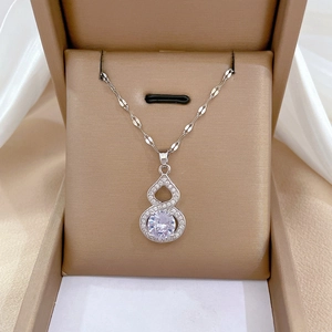 Silver titanium steel gourd pendant necklace with sparkling cubic zirconia on silk