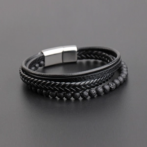 Men's multilayer black leather braided bracelet with volcanic stones and silver magnetic clasp